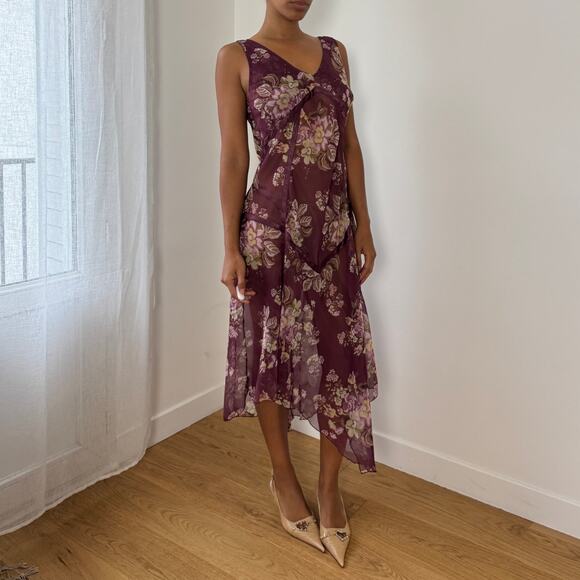 Italian Vintage Semi-Sheer Chiffon Bias-Cut Floral Midi Dress (M/L) - Picture 4 of 9